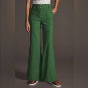 NWOT Anthropologie Maeve Naomi Wide Leg Flare Pants, Grass Green, Linen
